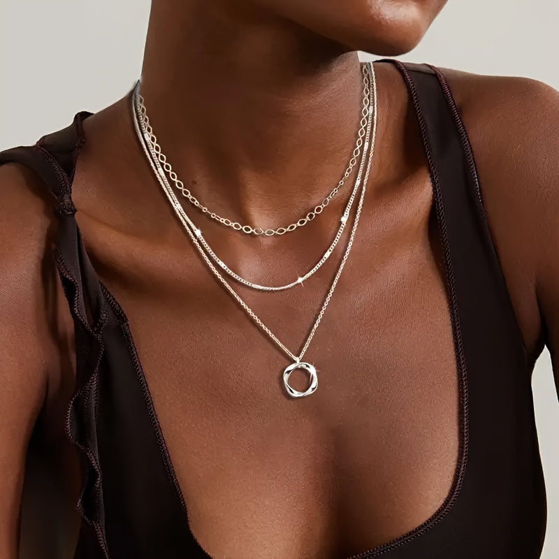 925 Pure Silvery Women's Necklace, Multi-layer Round Pendant Stacking Design, Trendy Fashion Jewelry, Suitable for Party and Vacation, Women's and Girls' Gifts