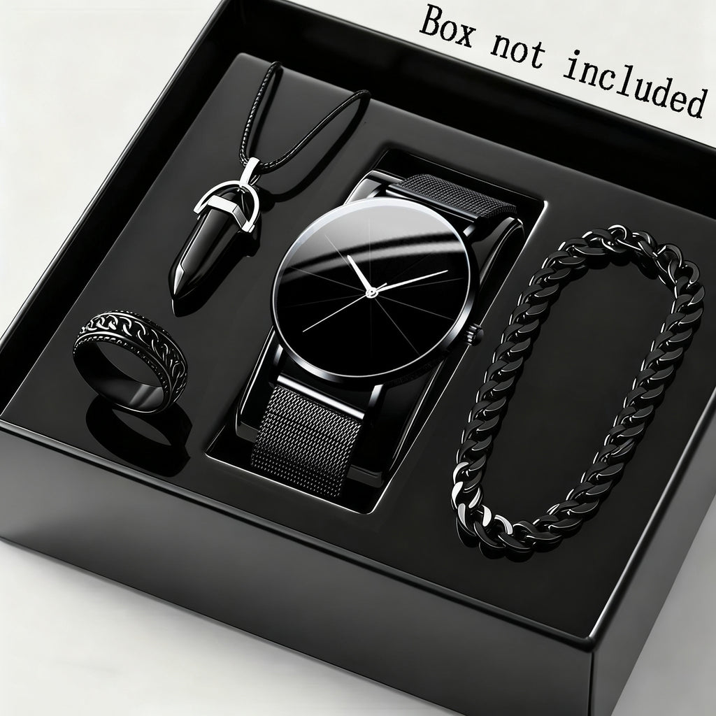 4pcs/ Set Men's Elegant Quartz Watch & Bracelet Set | Stainless Steel | Casual Watch | Business Watch | Bracelet for Men | Men Necklace(The Box Does Not Include)