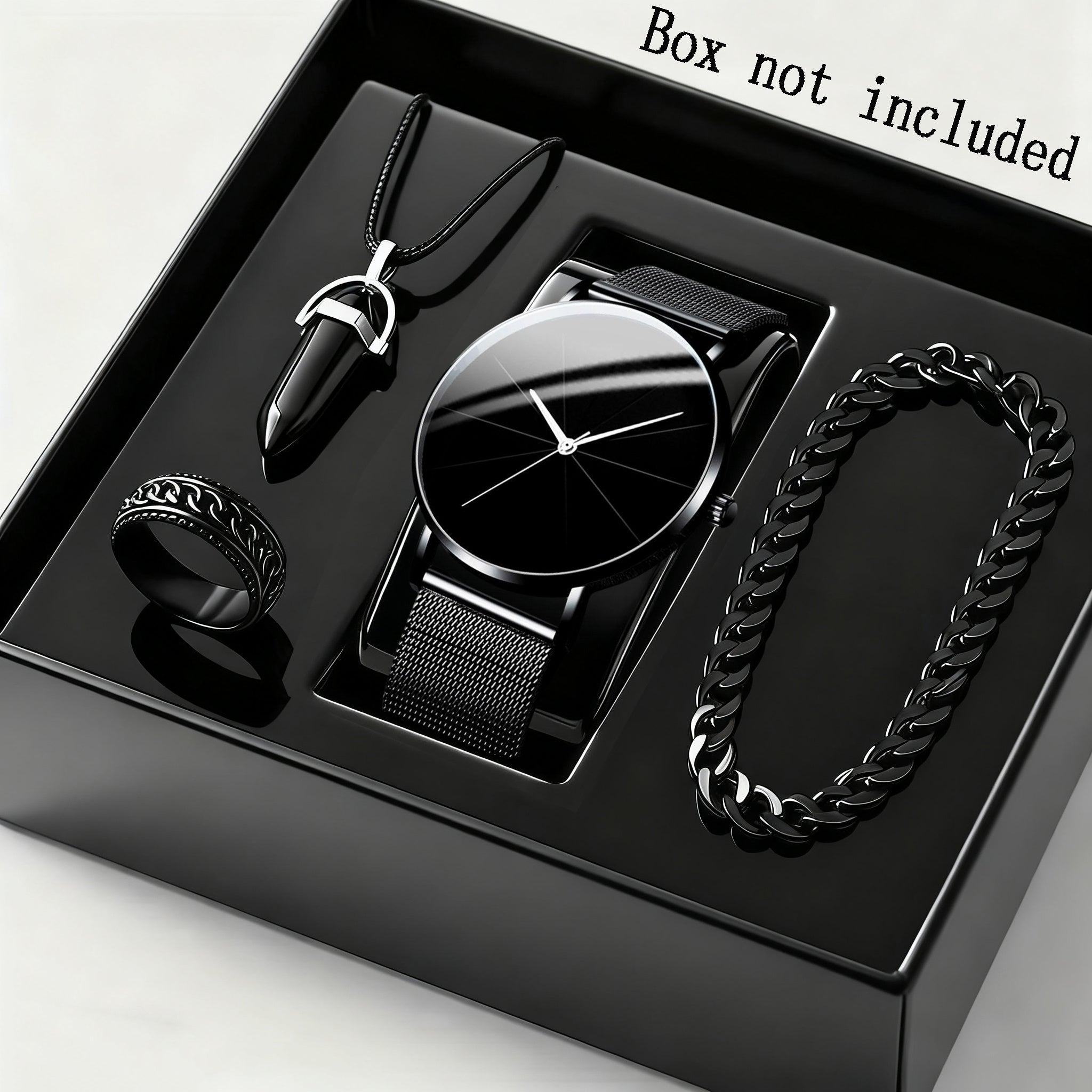 4pcs/ Set Men's Elegant Quartz Watch & Bracelet Set | Stainless Steel | Casual Watch | Business Watch | Bracelet for Men | Men Necklace(The Box Does Not Include)
