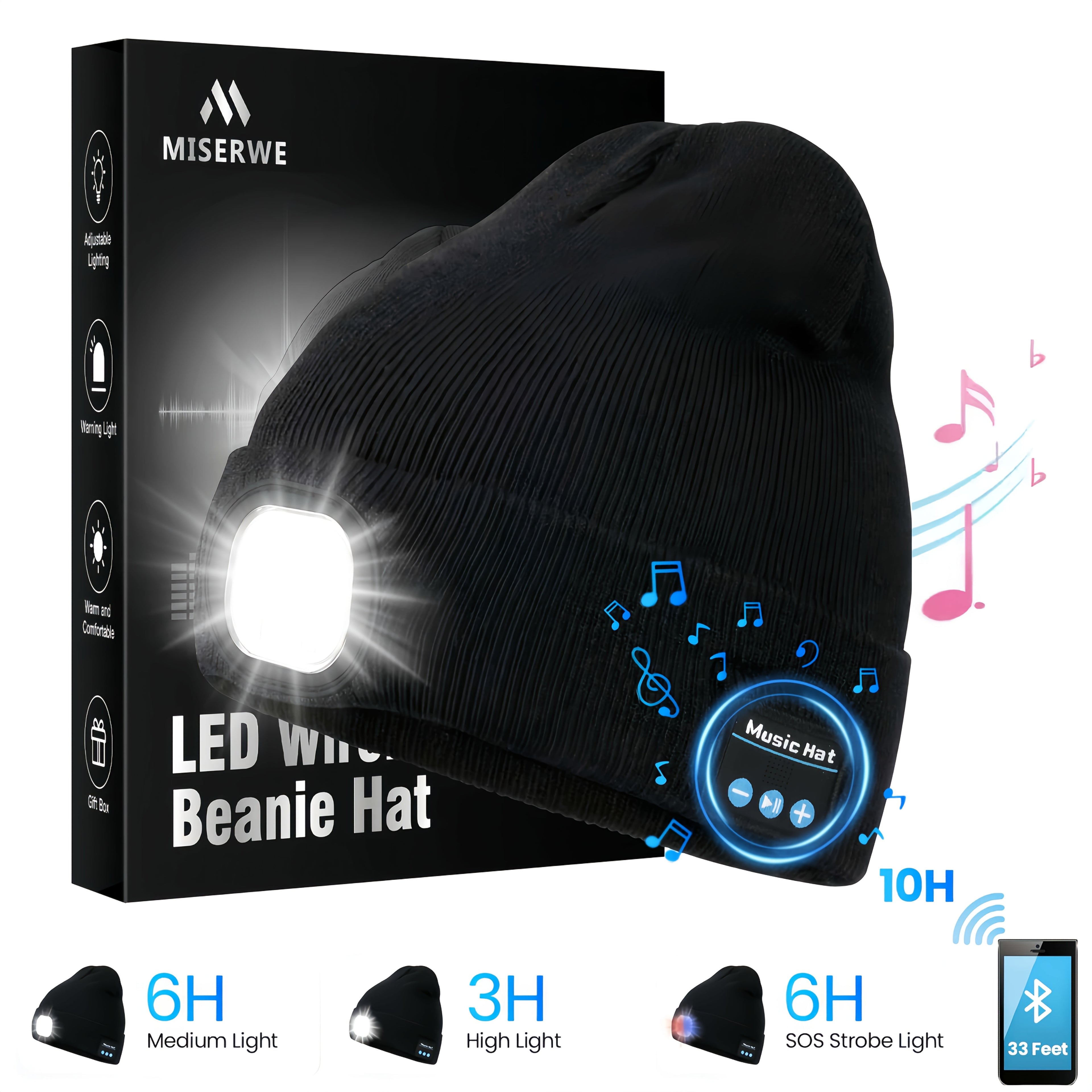 NIUPHIA LED Beanie Hats with Lights, Knitted Hats, LED Light Illumination, Music Hats with Headphones, Warm Hats, Suitable for Outdoor Night Running And Night Fishing, Christmas Light Hats, Unique Christmas Birthday Gifts, Black for Men And Women