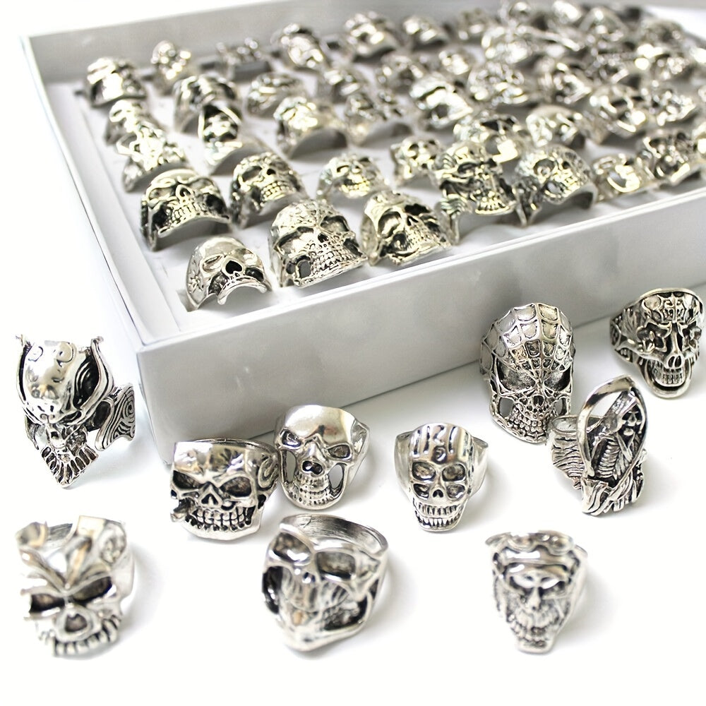 30/50pcs Men'S Punk Gothic Biker Skeleton Skull Heard Ring, Vintage Band Rings, Unisex Punk Hip Hop Style, Halloween Party Jewelry