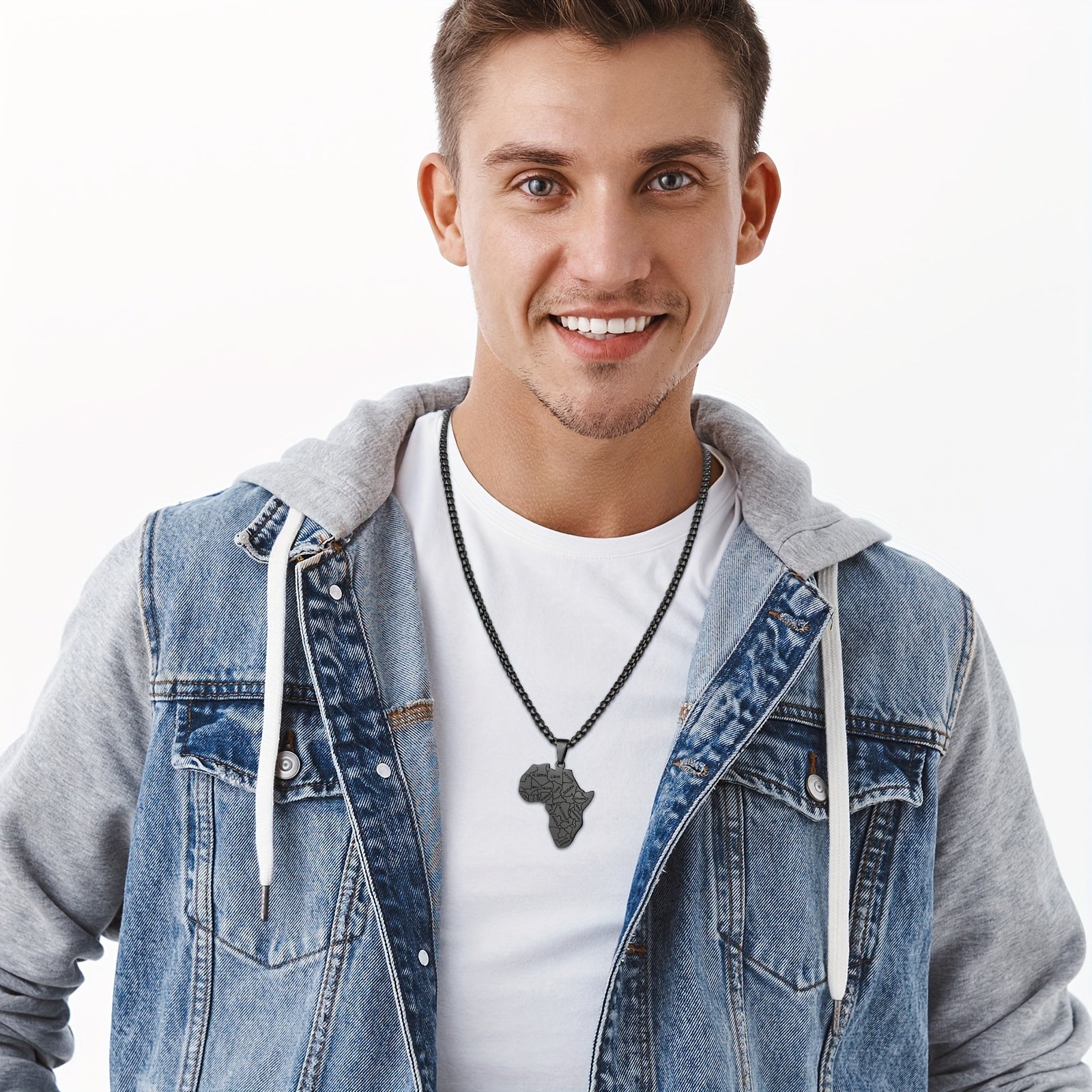 Flongo Men's Classic African Necklace Stainless Steel African Map Necklace Pendant with Wheat Chain