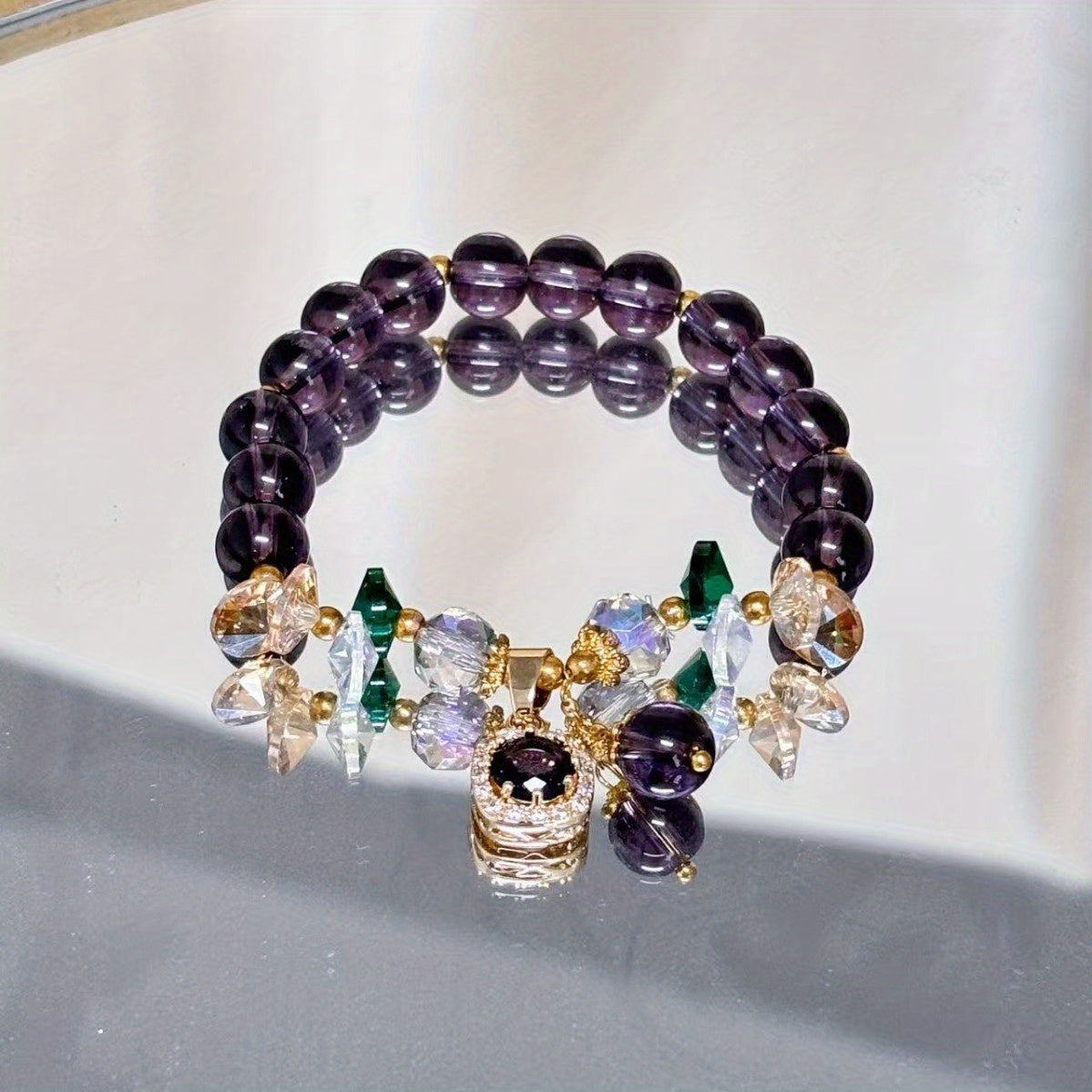 4pcs Elegant Natural Stone Bracelets - Amethyst Beads with CZ Cat Pendant - Lucky Boho Jewelry Gift for Women Men Couple Best Friend