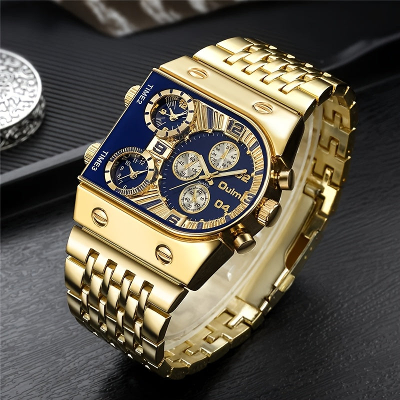Opulent Men'S Golden Quartz Watch - Stylish Business Timekeeper Featuring Chronograph & Date Function, Alloy Band & Case, Powered by 36V Battery, Formal Attire Accessory | Refined Design | Roman Numeral Indicators