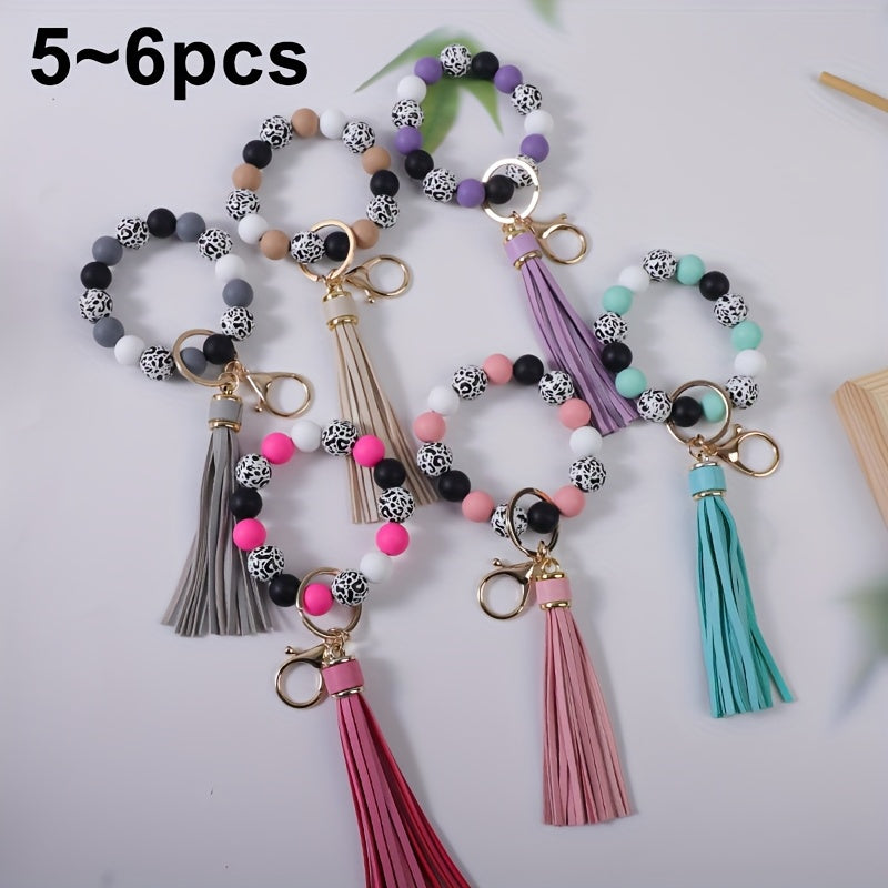 5-6pcs Vibrant Leopard Print And Polka Dot Beaded Keychain Wristband Fringe Charm Fashion Bag Accessories And Car Key Pendant, Ideal Gift for Women