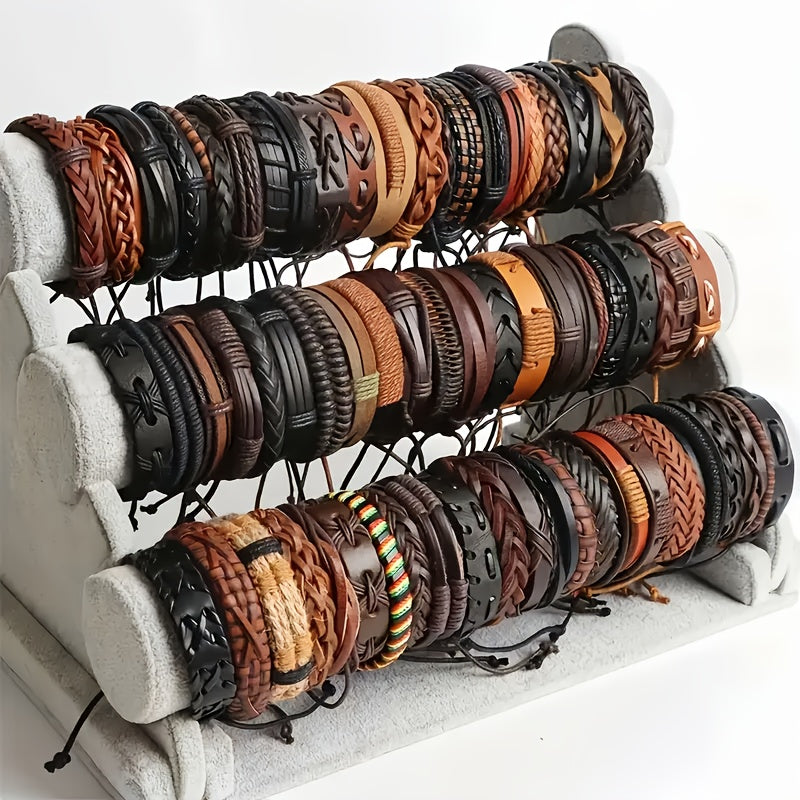 A Random Selection Of 20 Stylish, Retro, Casual, Street-style PU Leather Bracelet Sets. Available In A Variety Of Designs, Shipped At Random. Ideal for Men's Casual Attire, Street Style, Parties, Holidays And As Festive Gifts.