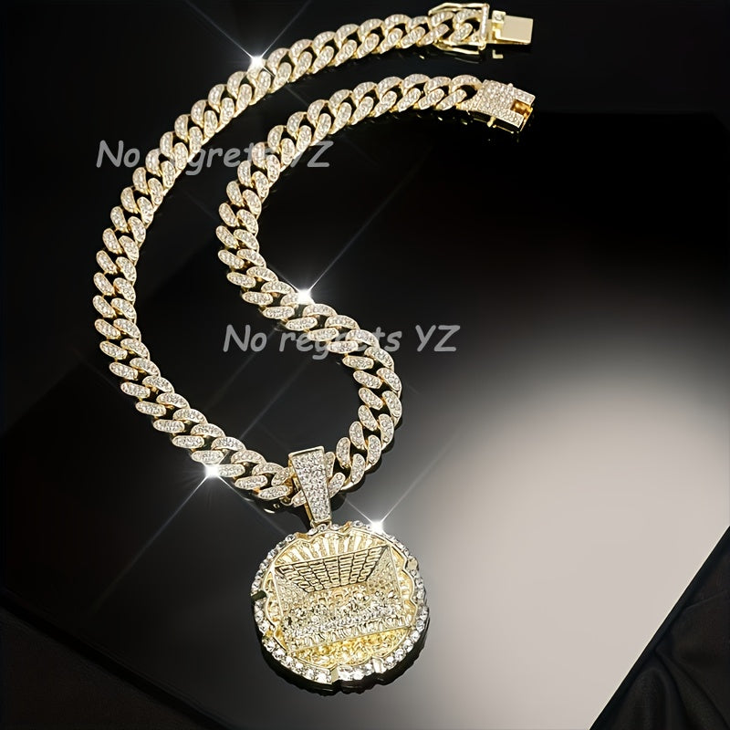 Fully Set Synthetic Synthetic Zircon Hip-hop Men'S Necklace, Fashionable Last Supper Round Plate Decorated Necklace, Trendy And Fashionable, With A Beautiful Gift Box Included