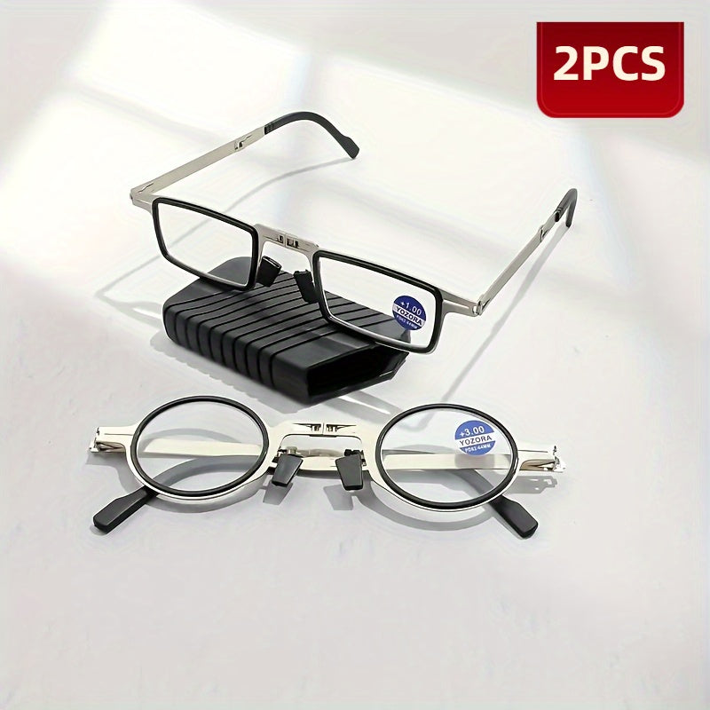 2pcs Portable Folding Blu-ray Shielded Eyewear, Round and Rectangle, Comfortable High Definition Stainless Steel Frame, Lightweight Pocket Eyewear Strap Case, Portable Eyewear | Fashion Frame Design | Stainless Steel Eyewear, Eyewear Case, Travel