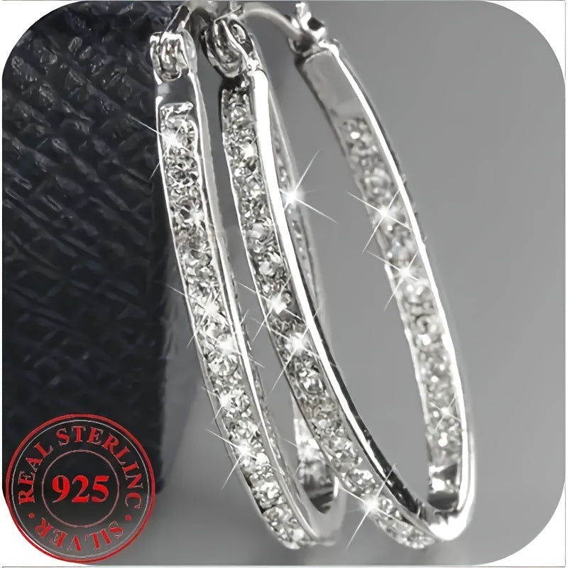 Elegant 925 Sterling Silver Large Shiny Earrings, Perfect for Weddings and Parties, Synthetic Cubic Stone