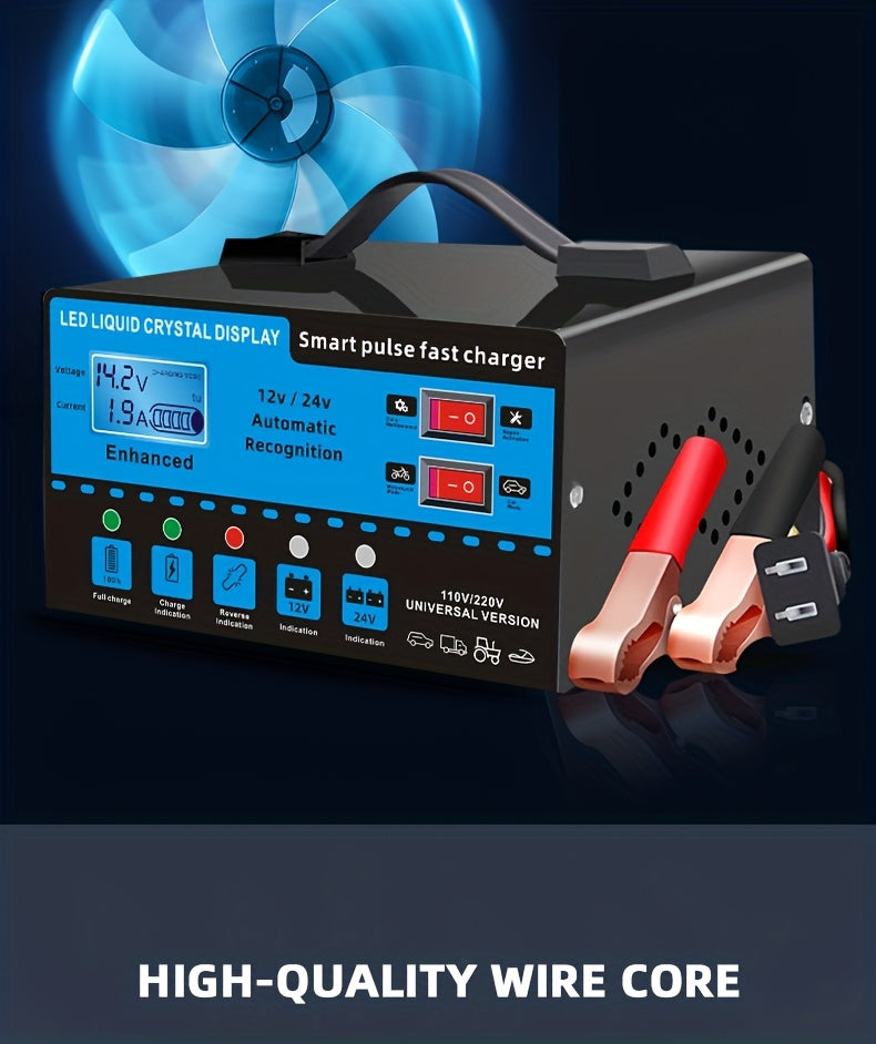 [Intelligent] 12V And 24V Intelligent Universal Battery Charger Inverter, With LCD Display Intelligent Maintenance Overcharge And Short Circuit Protection, Suitable For Intelligent Trickle Charging Maintenance Of Various Cars, Yachts, And Batteries