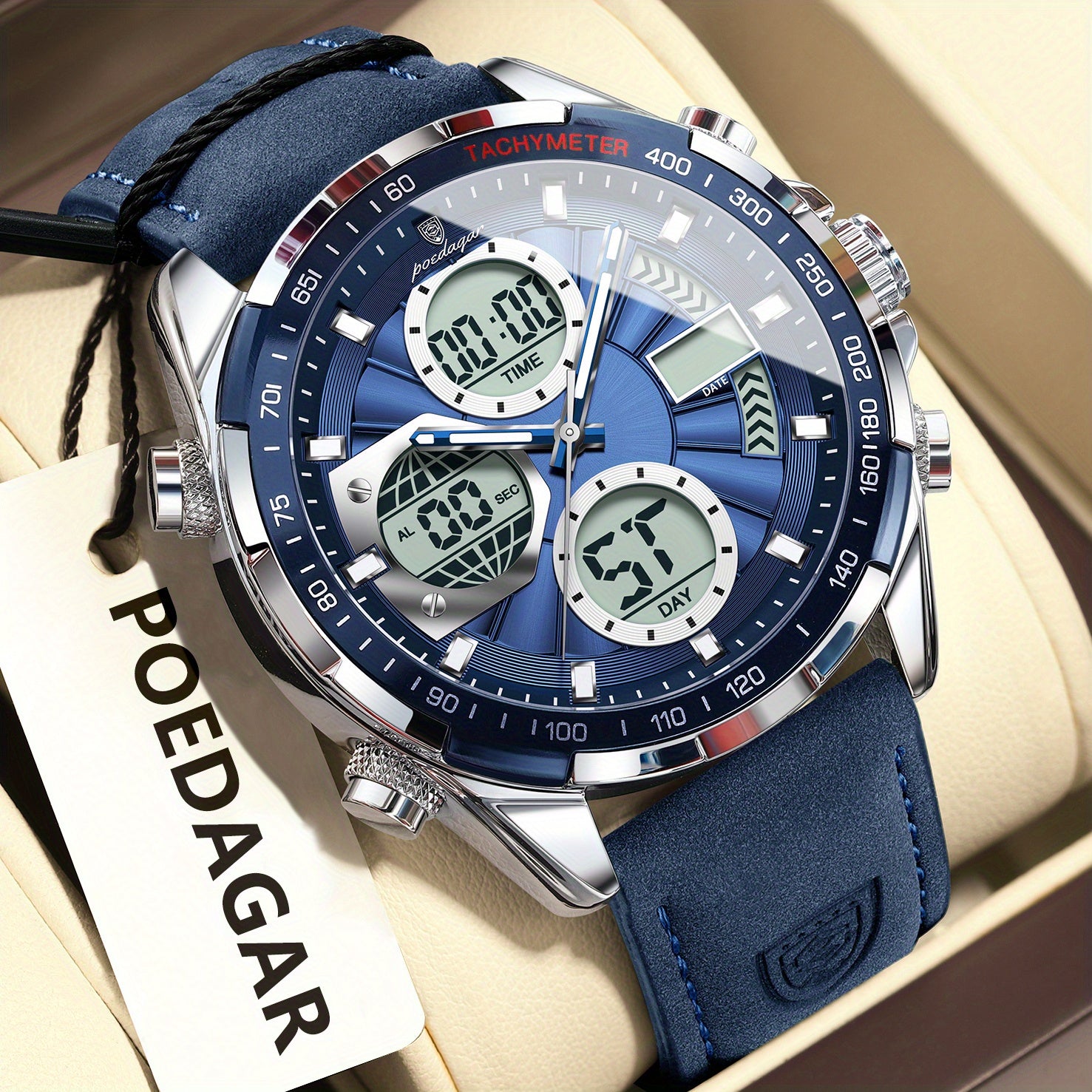 [Sleek Stylish Watch] The POEDAGAR Men's Watch Features a Sleek And Stylish Design Suitable for Casual Attire, Equipped with a Quartz Movement, Alarm Clock, Calendar, And Waterproof Capabilities, Offering Both Analog And Digital Displays