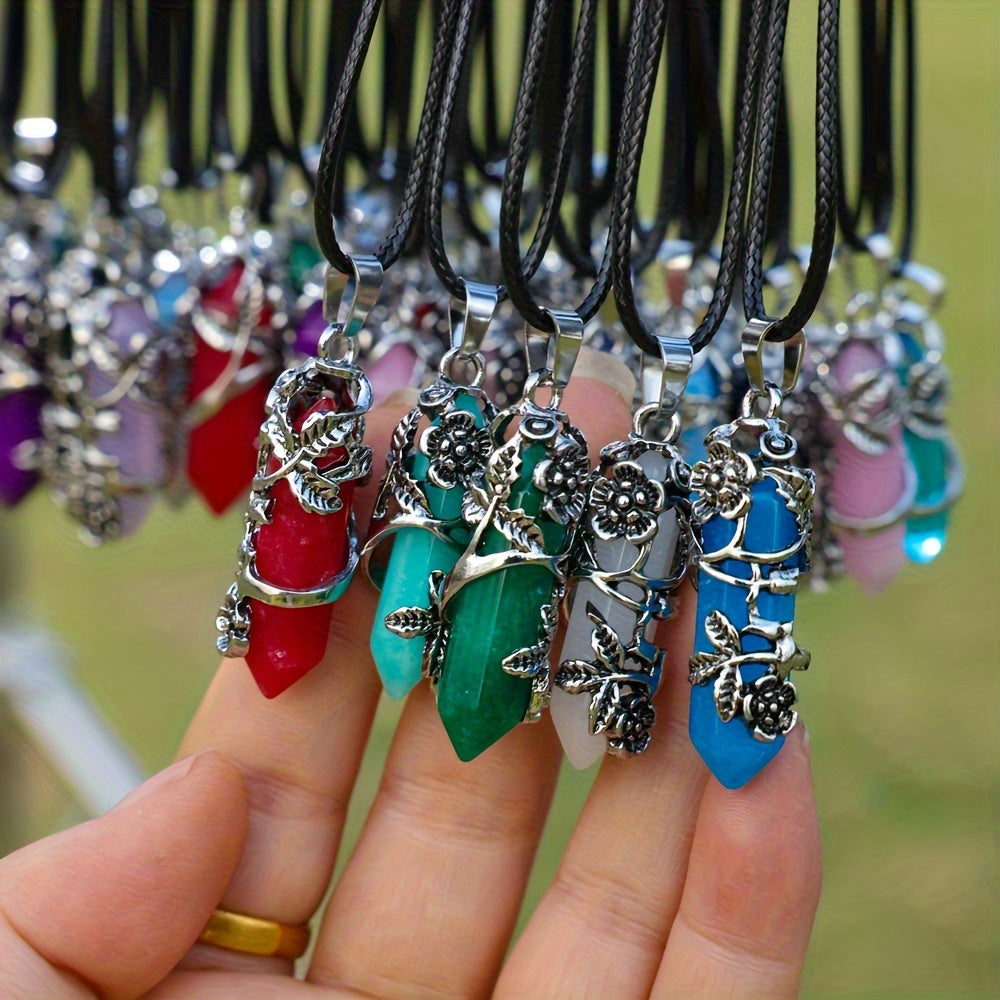 20pcs Natural Stone Hexagon Prism Shaped Wrapped Flower Pendant Necklace Suit, Including 10pcs Hexagon Prism with 10 Imitation Faux Leather Ropes for DIY Necklace Jewelry Handmade, Casual Accessories and Gifts