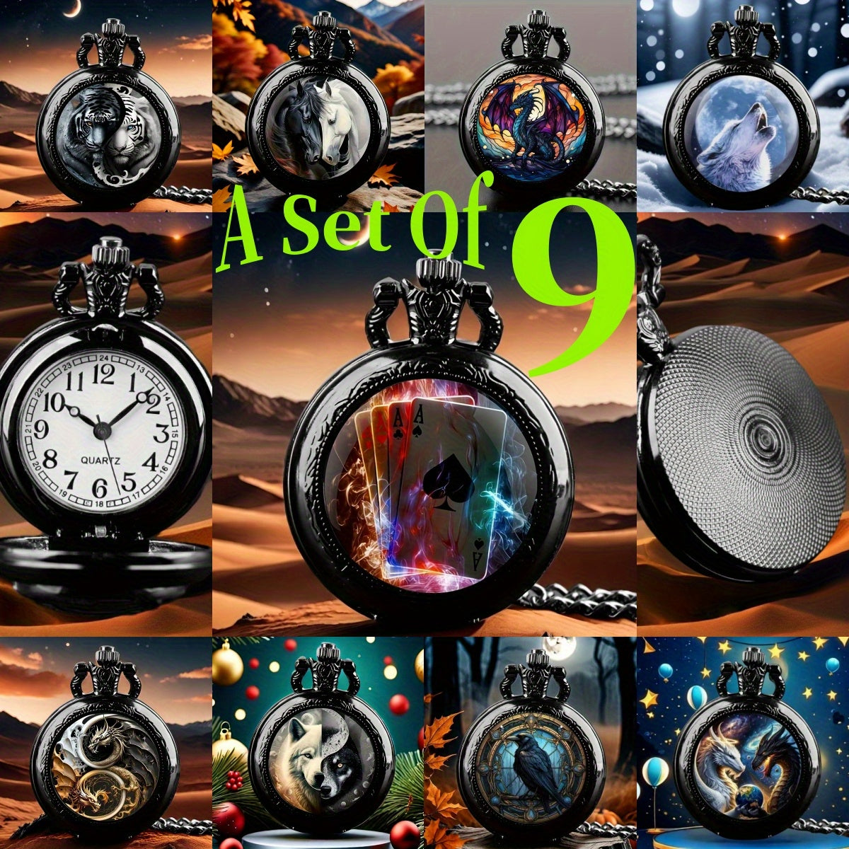 Set of 9 Round Medium-Sized Classic Pocket Watches, Perfect Gifts for Family And Friends for Birthdays, Halloween, Christmas, And New Year