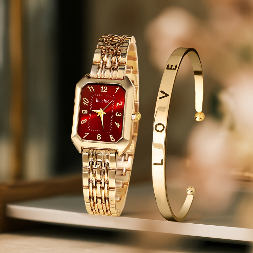 A 2pcs Women's Watch Gift Set Featuring a Trendy Open Bangle Combination with a Casual Quartz Watch, Classic Vintage Rectangular Dial Watches for Men, Christmas, Birthday Gifts, Reloj Para Hombre.(Box Not Included).