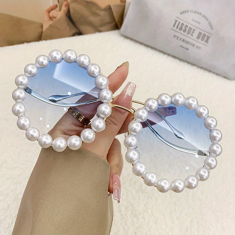 1pc New Round Frame Ladies Full Frame Pearl Glasses Design Sense Wave Shape Temple Fashion Golden Style Photo Gift Glasses Perfect for Summer Festival, Party Holiday Gift, Birthday Gift