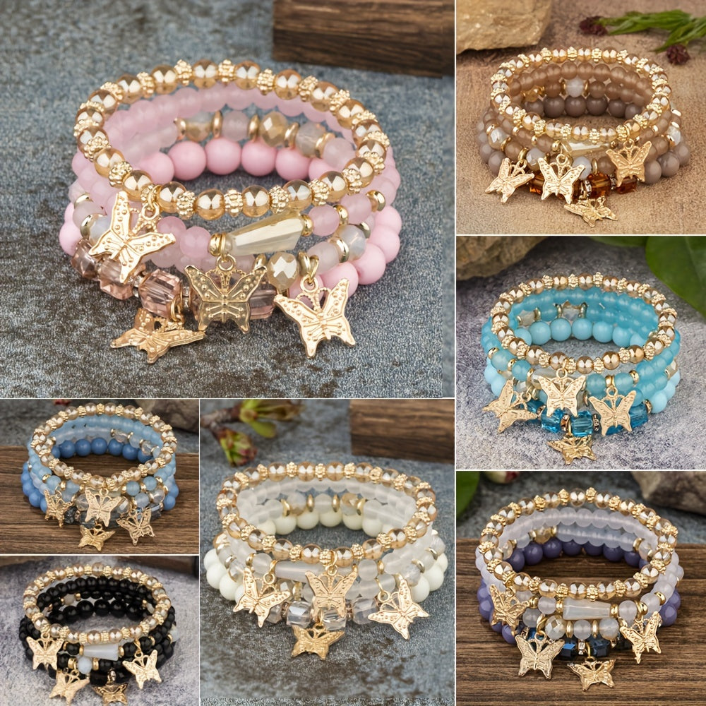 7 sets (a total of 28pcs) of multi-layer beaded stackable bracelet sets, artificial butterfly pendant jewelry sets, multi-layer beaded elastic bracelets, handmade jewelry sets -DIY beaded jewelry