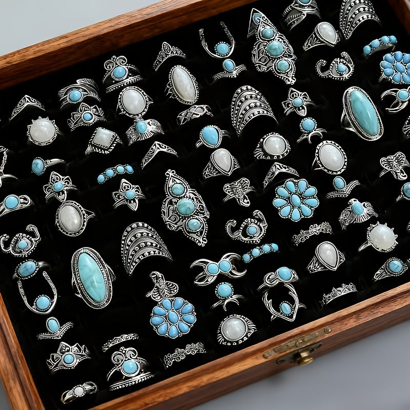 [Holiday Parties, Festive Gifts] Random Selection of 28 Vintage Bohemian Ring Sets, Turquoise Ring Sets, Stackable Ring Sets Featuring Geometric Heart And Butterfly Designs. Suitable for Ladies' Everyday Wear, Holiday Parties, And Festive Gifts