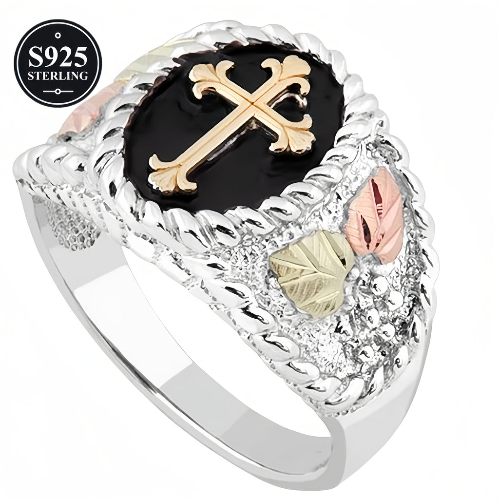 Fashion S925 Pure Silvery Men's Cross Ring - Black Mountain Golden Pattern Design - Suitable for Daily Parties, Banquets, Valentine's Day Gifts - Perfect Gift for Boyfriends And Fathers