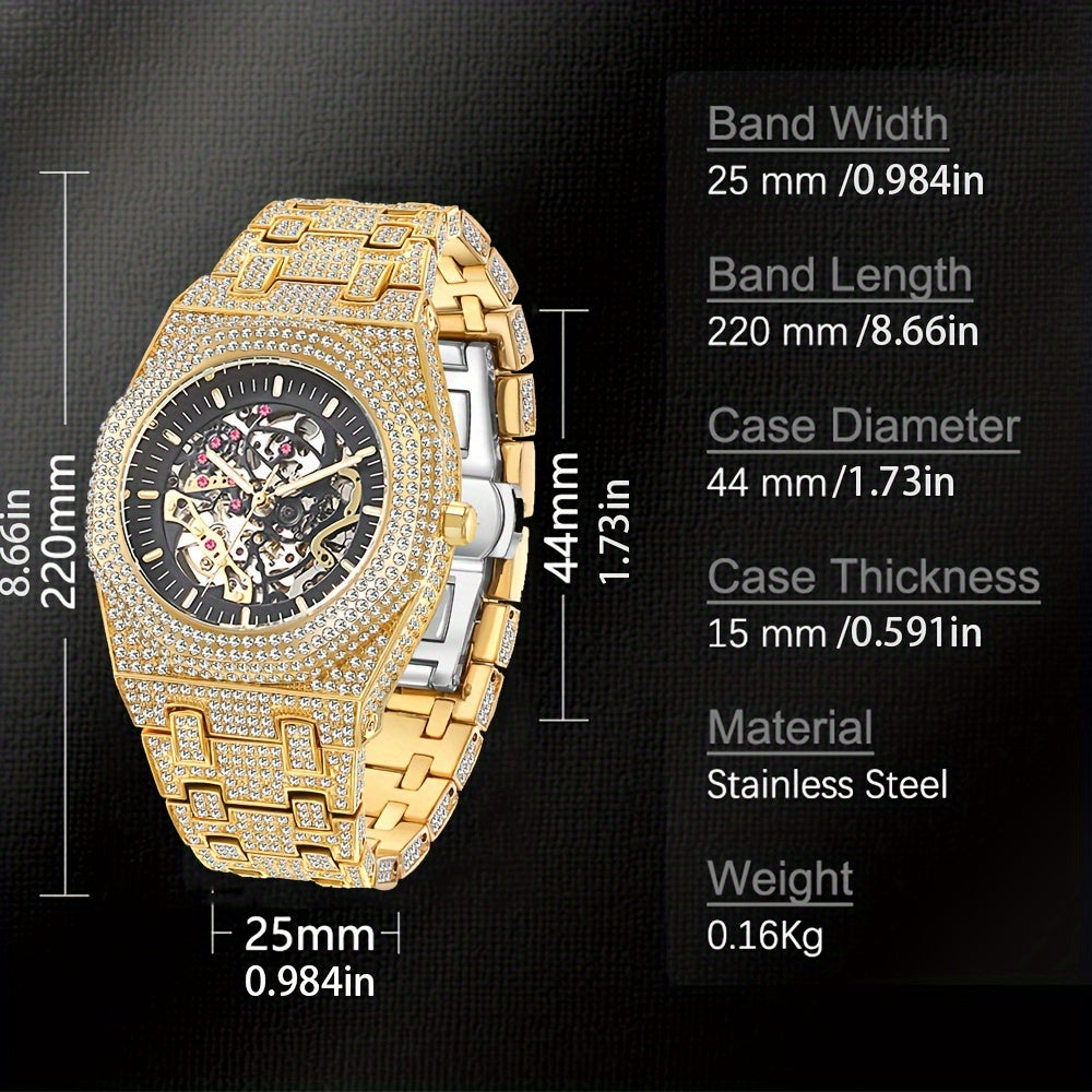 Miss Fox Men's Luxury Iced-Out Automatic Mechanical Watch - Hip Hop Style, Steel Large Dial, Full Accents, Transparent Back, Black Strap, Glow-in-the-Dark, Party Fashion Accessory, for women