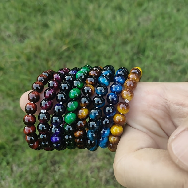 8pcs Set of 8mm Tiger Eye Stone Bracelets- Handmade, Fashionable and Durable, Suitable for Daily Wear- Unisex Design- Perfect Gift for Valentine'S Day, Birthdays, or Any Special Occasion
