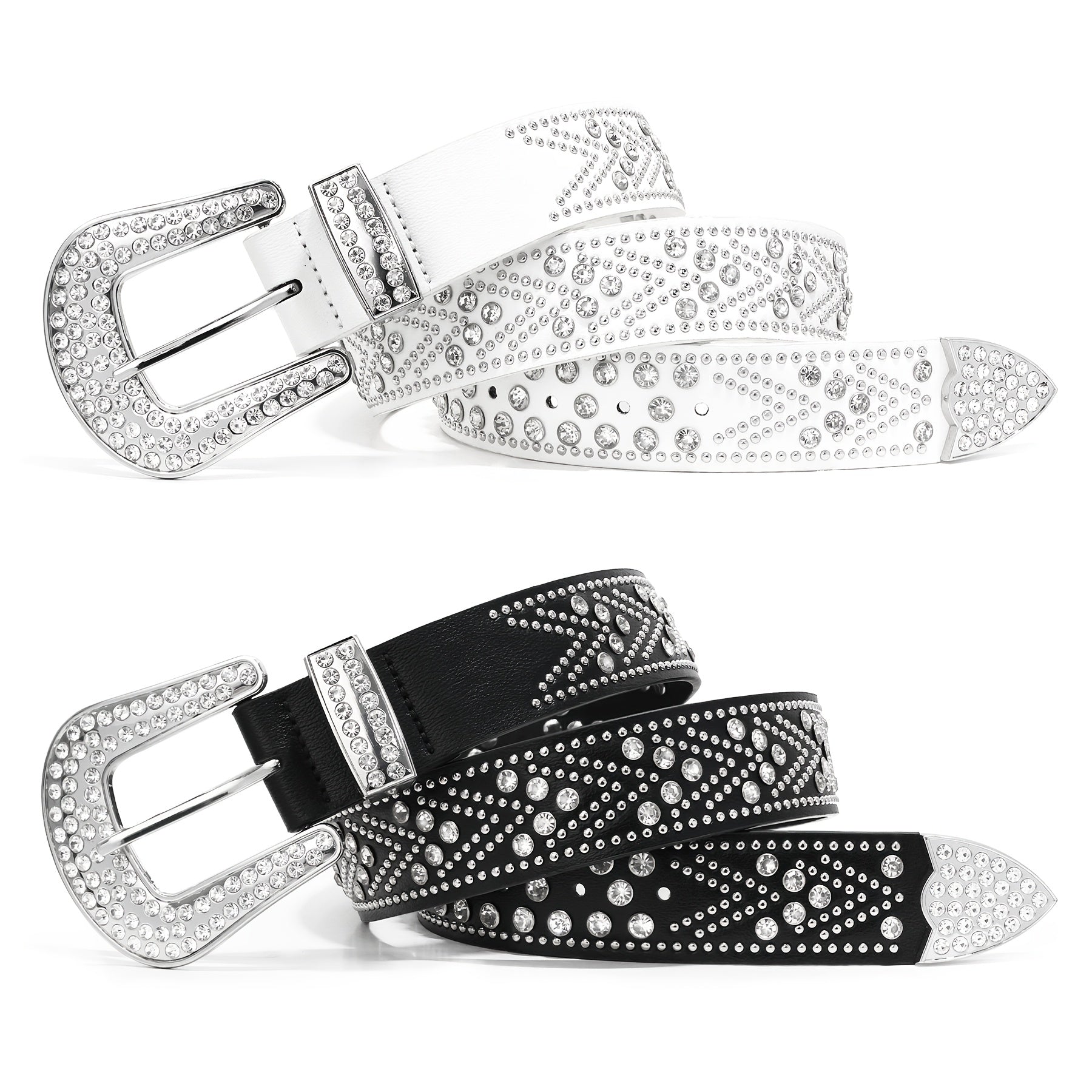 Studded Rhinestone Belt with Metal Buckle, Bling Y2K Western-Style Cowboy Cowgirl Faux Leather Belt for Men And Women