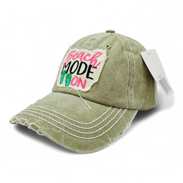 Beach Mode On Vintage Distressed Embroidered Baseball Cap For Women - 100% Cotton, Breathable, Casual, Adjustable, UV Protection