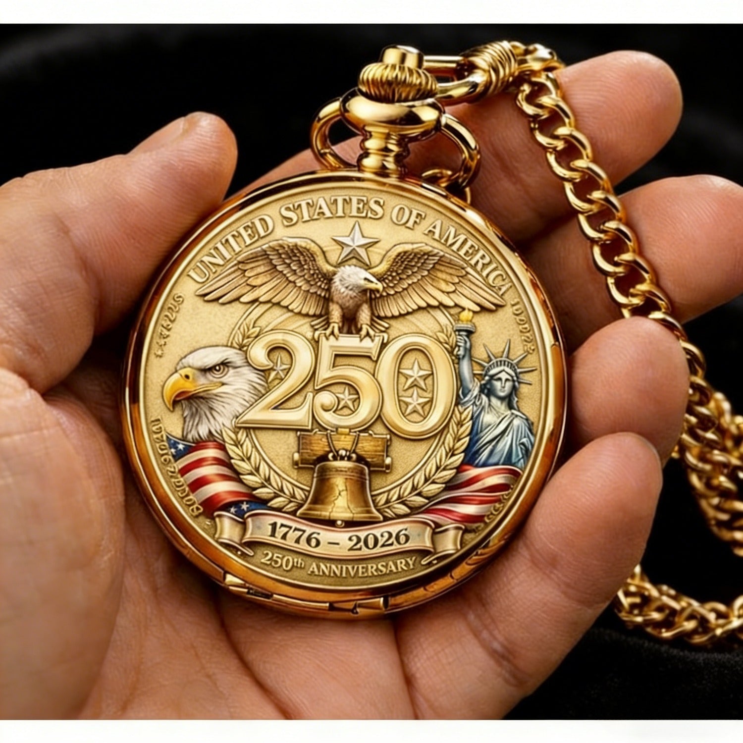 1776-2026 USA 250th Anniversary Pocket Watch - Retro Winding Watch with Bald Eagle & Statue of Liberty, Suitable for History Buffs, Gift for 250 Years of Commemorative Timepiece