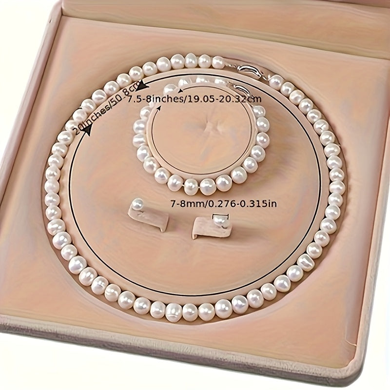 [Freshwater Freshwater Pearls Necklace Jewelry Set] 925 Sterling Silvery Freshwater Cultured Freshwater Pearls Necklace Set with Amazing Bracelet and Earrings Jewelry Set - Gift for Others, Banquet, Party, Autumn and Winter Sweater Accessories