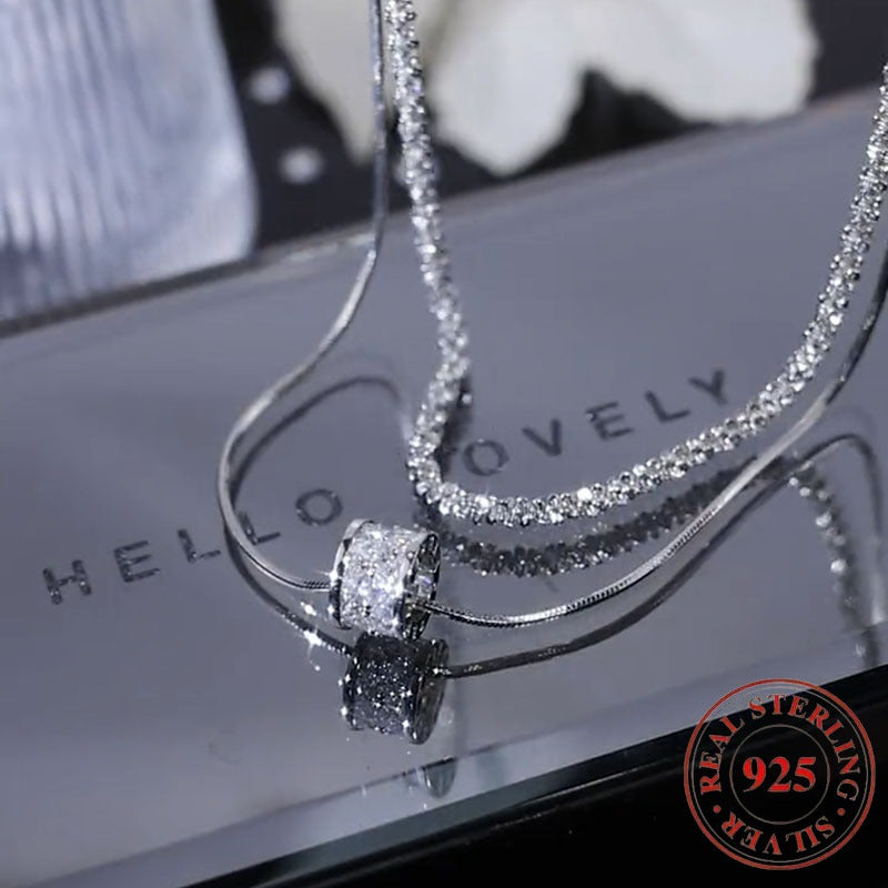 S925 Pure Silvery Elegant Double Layered Clavicle Chain Necklace for Women, Simple Fashion Sweater Chain with Synthetic Cubic Zirconia, Versatile for Daily & Gift Occasions, All Seasons
