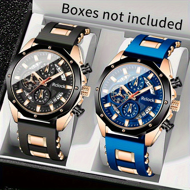 [Fashion Men'S Quartz Watch ] 2pcs Casual Sports Men Watch Silicone Strap Calendar Display Ideal Men'S Valentine'S Day