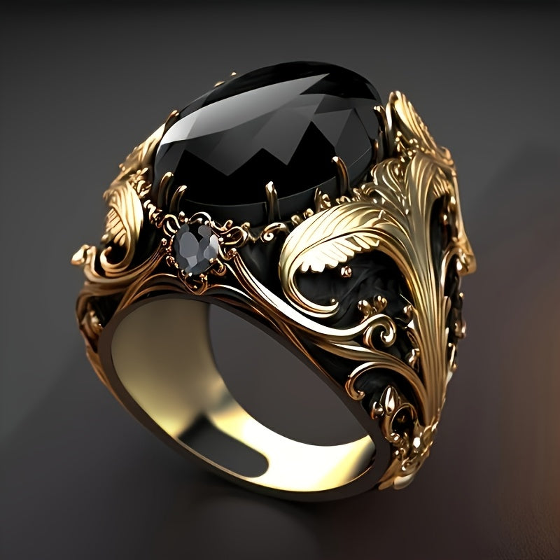 A Vintage Men'S Ring with a Black Oval Setting And Cubic Zirconia Retro Surface, Elegant Single Ring Jewelry Gift for Both Women And Men, a Daily Casual Ring, Without Battery