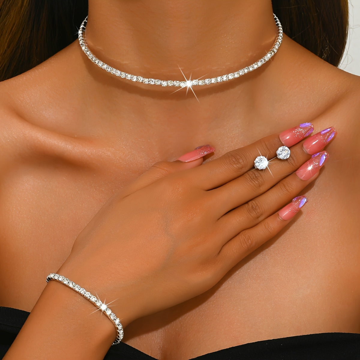 3pcs Set 925 Silvery Ladies Necklace Bracelet with Moissanite Delicate Silvery Choker Necklace Bracelet Stud Earrings Jewelry Set Gift for High Quality Women's Jewelry