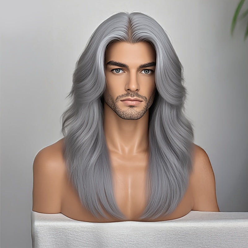 Men' Natural Looking Black Wig Suitable for Daily Use & Themed Parties - Heat Resistant Synthetic Hair Wig with Layered Straight Hair, No Glue Application for Wigs for Halloween, for Party, for Events, 28 Inch Elegant Wig