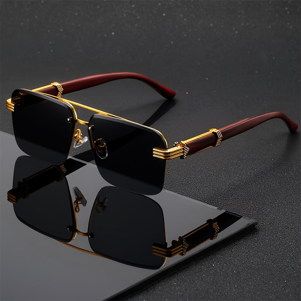 Men'S Semi-Rimless Business Eyeglasses - Woodgrain Temple Tips & Lightweight Metal Frame for Driving, - Road Trips, Festivals, And Daily Fashion - Stylish Gift Idea