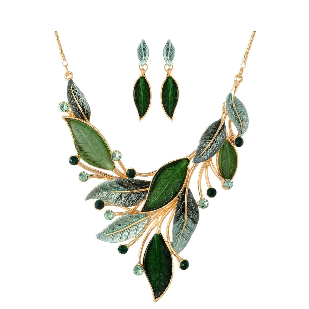 Vintage Chunky Statement Jewelry Set - 18k Golden Plated Retro Spring Green Leaf Floral Bohemian Boho Bib Necklace Earring Set Fashion Jewelry For Women Wedding Party Prom Unique Gift Band Box Christmas Thanksgiving