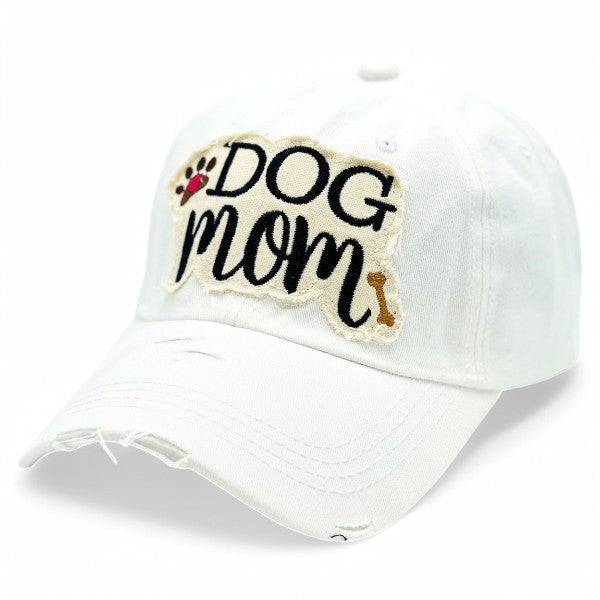 "Dog Mom" Paw and Bone Vintage Distressed Embroidered Baseball Cap For Women - 100% Cotton, Breathable, Casual, Adjustable, UV Protection