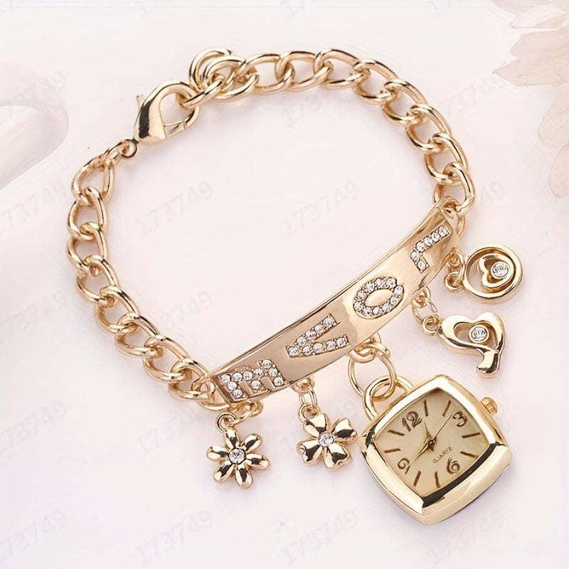 Women'S Bracelet Watch LOVE Quartz Watch Flower Decor Tonneau Dress Watch Ladies Exquisite Casual Watch Anniversay Birthday Christmas New Year Gifts