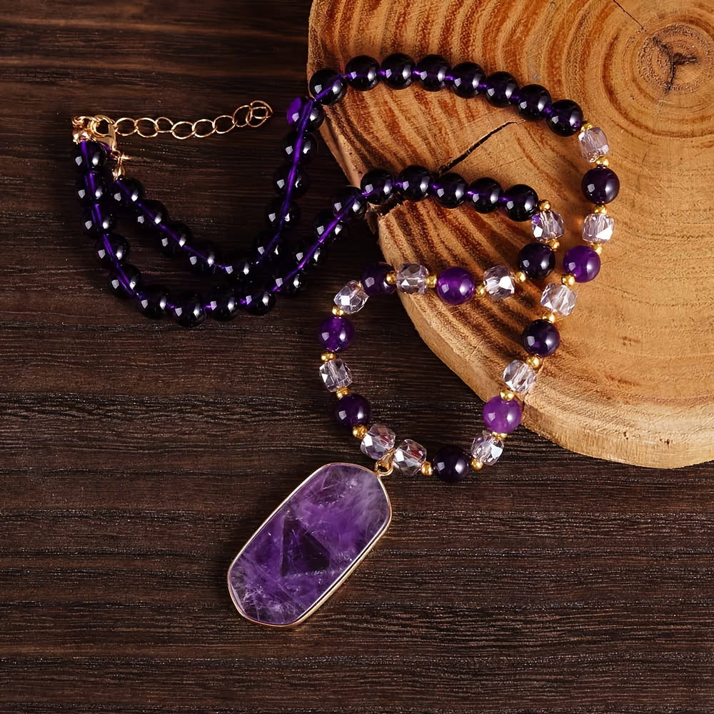 2pcs/Bohemian Style Vintage Natural Amethyst Double-Layer Necklace with Elegant Purple Natural Stone Pendant, Women's Jewelry, Suitable for Mother's Day and Daily Wear, Handicraft