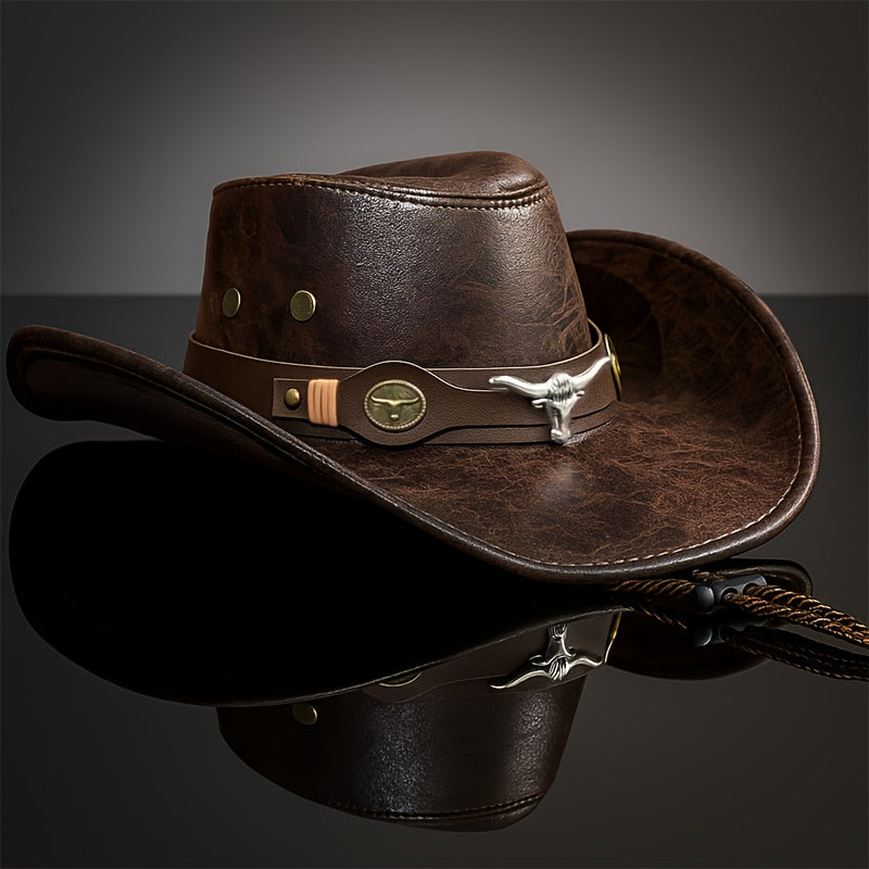 [Western Cowboy Hat] Men's Western Cowboy Hat - Brown Synthetic Leather Wide Edge Hat, Non Textile Material, Ideal for Summer Parties and Outdoor Activities, Outdoor Headwear | Wide Edge Hat | Durable Headwear