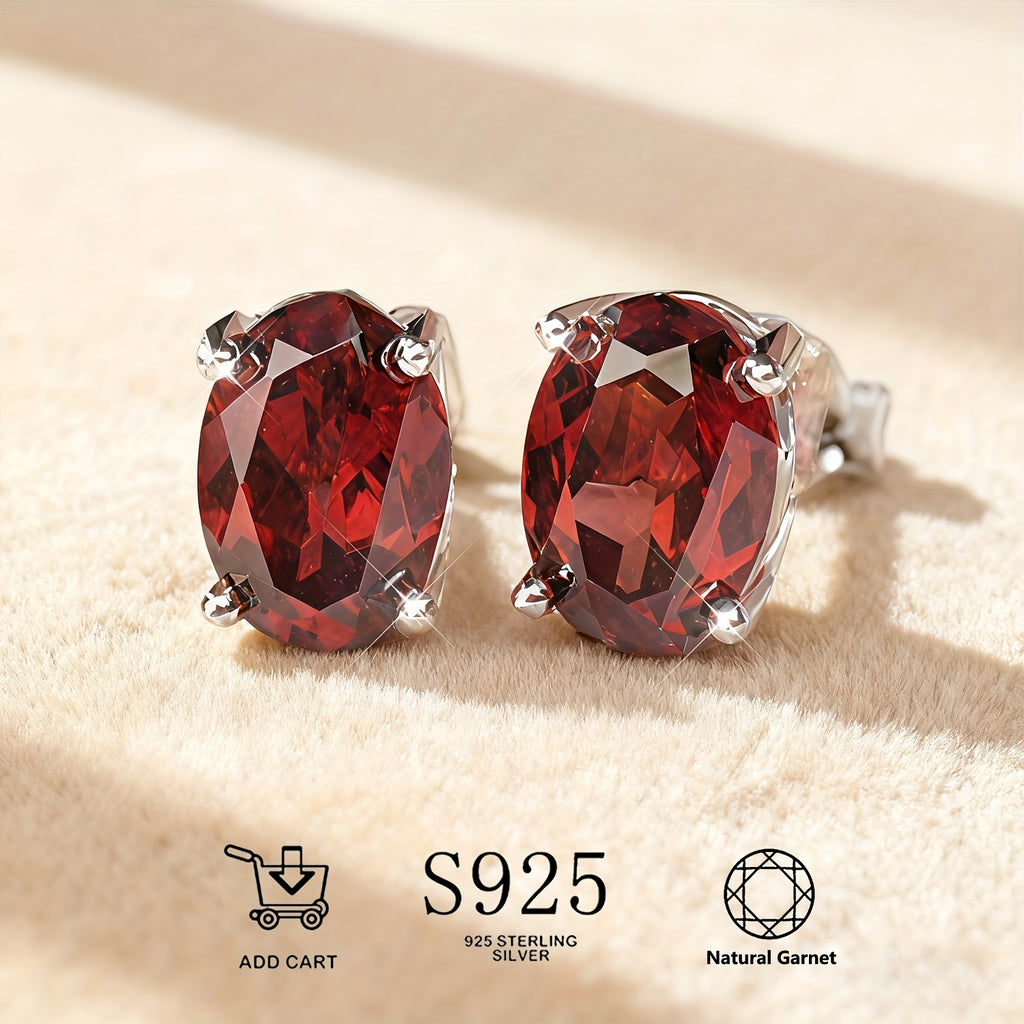 Natural Garnet S925 Silver Stud Earrings, Hypoallergenic, Lightweight, and Durable, Sexy and Elegant Ear Accessories, January Birthstone