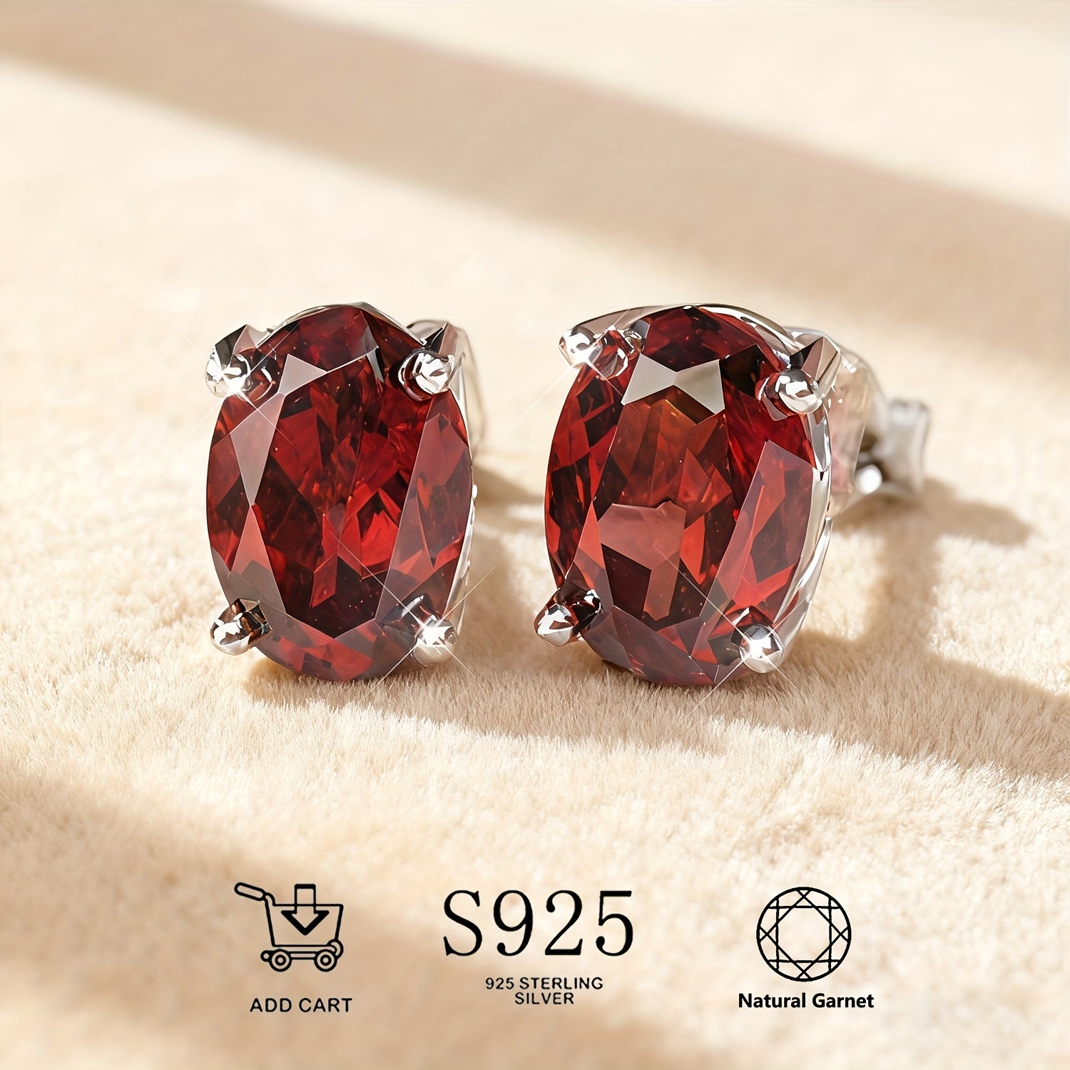 Natural Garnet S925 Silver Stud Earrings, Hypoallergenic, Lightweight, and Durable, Sexy and Elegant Ear Accessories, January Birthstone