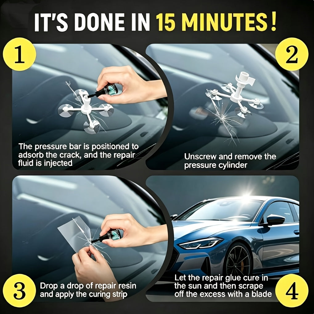 Windshield Crack Repair: Fix Bullseye and Star Cracks in Just 15 Minutes! Save Over $200 Compared to Replacement. Portable, Uses Adhesive for a Clear View, and Can Repair Deep Cracks Without Professional Equipment, Delivering Quick Results