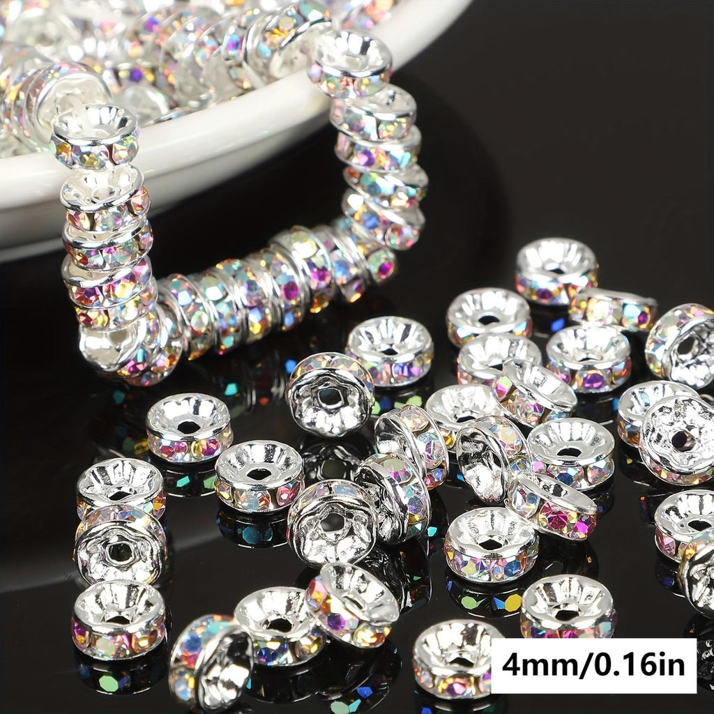 500pcs Mixed Color White AB Iron Rondelle 4/ 6/ 8/ 10mm, Round Rondelle Loose Spacer Beads for DIY Bracelet Necklace Pendant
