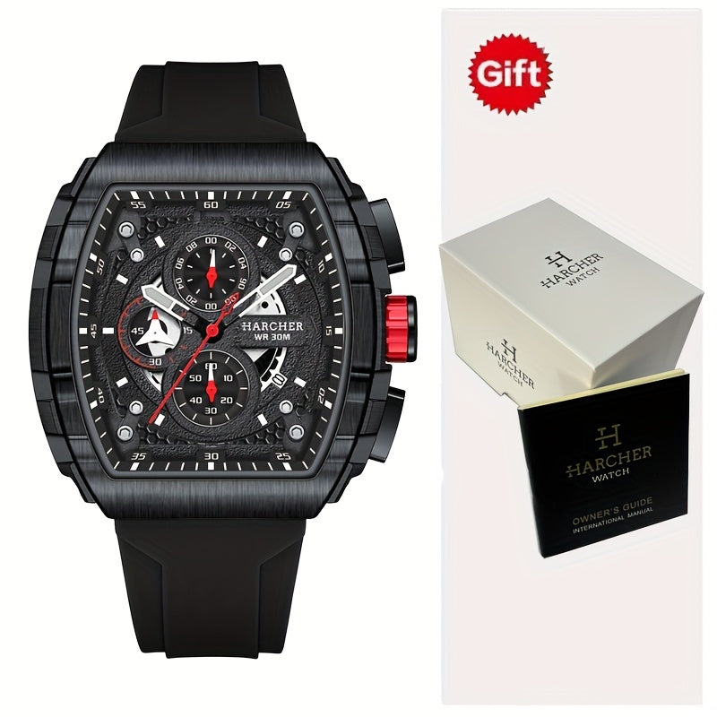 [Luxury Sport Watch] H Luxury Tonneau Sport Watch for Men - Luminous Waterproof Quartz Chronograph - Racing Style Silicone Band Wristwatch - 3ATM Waterproof High-Accuracy Multi-Functional Fashion Watch