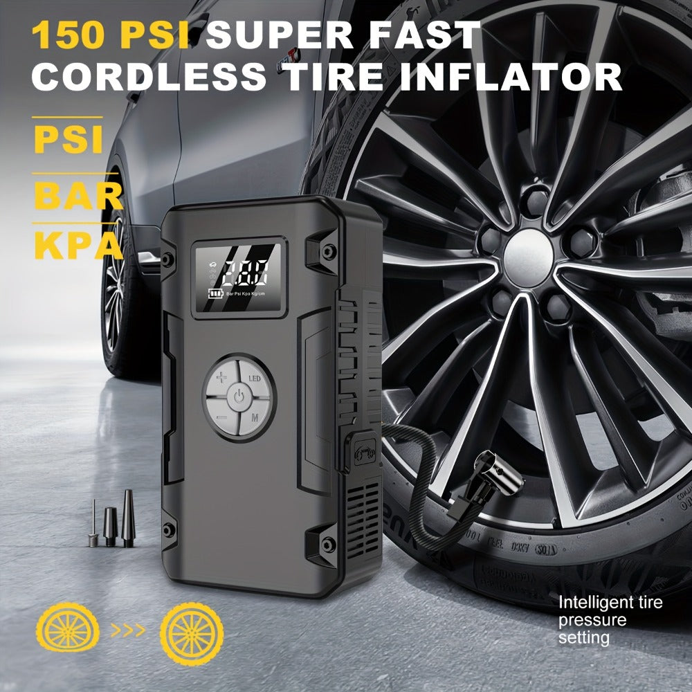 10000A 7-in-1 Multi-Function Emergency Jump Starter with Air Pump, 150PSL Car Battery Booster, Tire Inflator, Portable Vehicle Battery Charger, Suitable for 2.64-Gallon Gasoline or 2.38-Gallon Diesel Batteries, LED Emergency Light