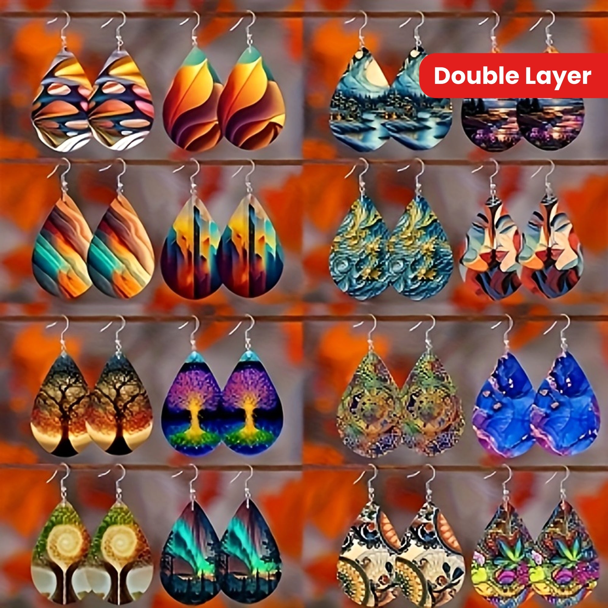 16 Pairs of Mix and Match Pattern Water Drop Double Layer Bohemian Creative Popular Simple Temperament Color Pattern Water Drop Earrings, Ladies