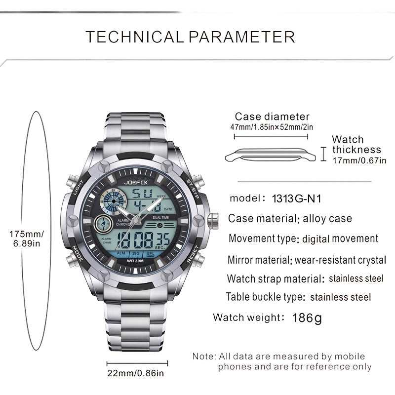 [Sport Wristwatch For Men] JOEFOX Men's Large Display Digital Watch - Stainless Steel Band, LED Backlight, 3ATM Waterproof, Chronograph, Alarm, Modern Sport Wristwatch For Men