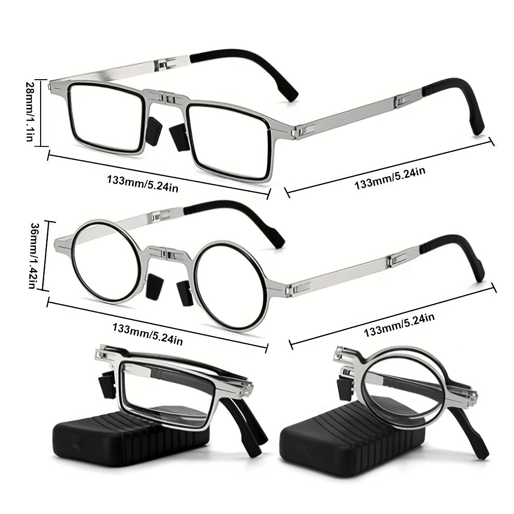 2pcs Portable Folding Blu-ray Shielded Eyewear, Round and Rectangle, Comfortable High Definition Stainless Steel Frame, Lightweight Pocket Eyewear Strap Case, Portable Eyewear | Fashion Frame Design | Stainless Steel Eyewear, Eyewear Case, Travel
