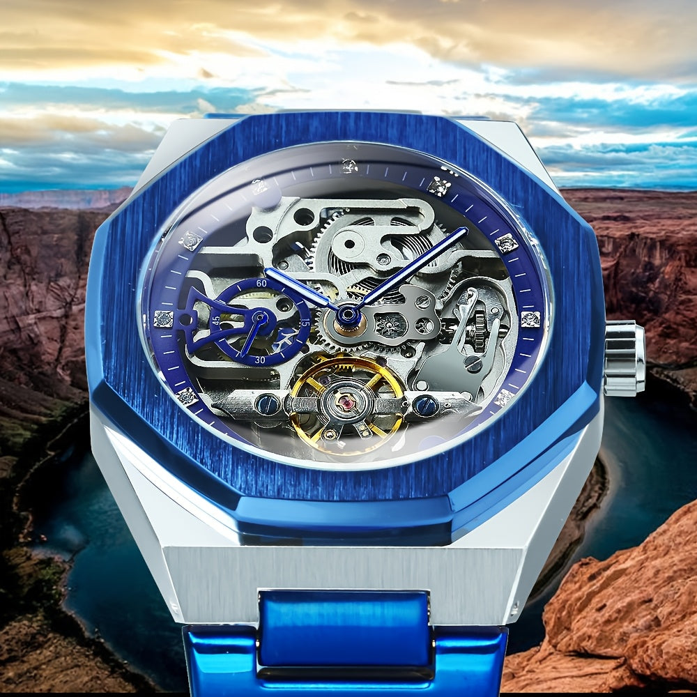 1pc FORSINING Men's Luxury Mechanical Watch - Skeleton Tourbillon, Luminous Hands, Stainless Steel Band, Irregular Case, Fashion Casual Style, Ideal for Christmas, Father's Day Gift, Luxury Business Watch | Automatic Watch | Without Battery