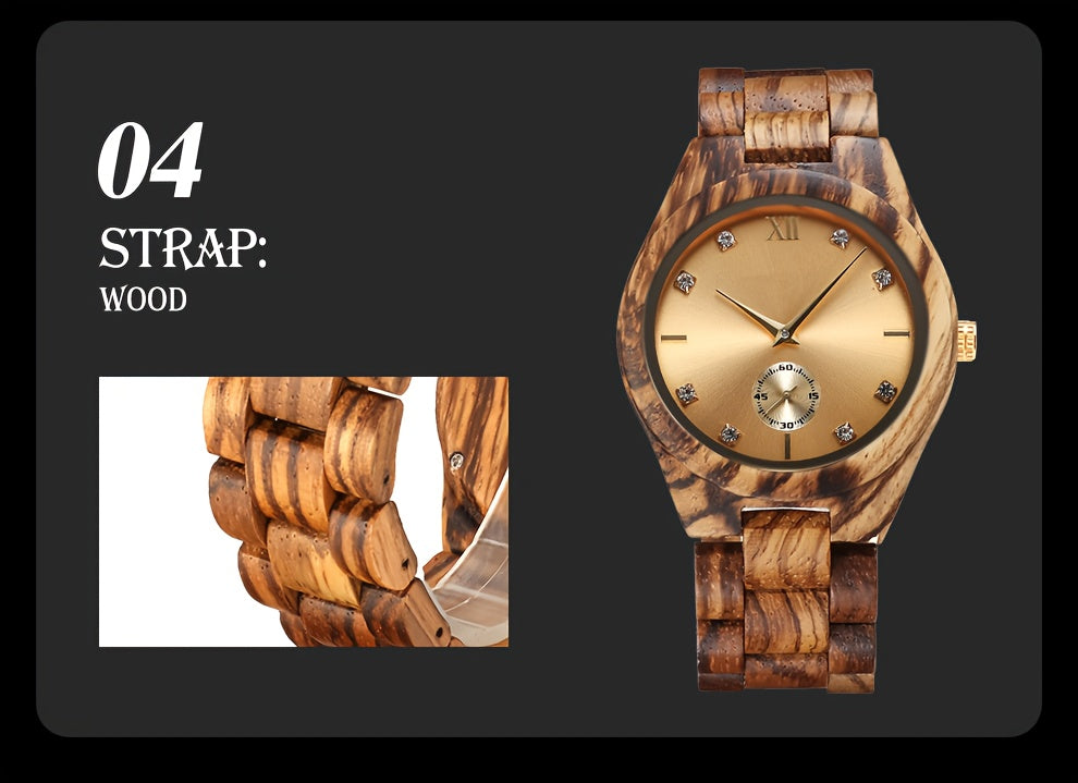 Chic Women'S Wooden Watch with Zebra Print Band, Golden-Tone Dial & Rhinestone Accents - Quartz Movement